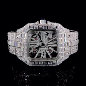 Montre-bracelet à quartz de luxe pour homme en acier inoxydable, cadran squelette glacé, bracelet entièrement serti de diamants baguette, édition limitée, tendance - Product Image 1