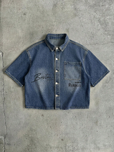 Mens Blue Denim <b>Shirt</b> Indigo Graphic Print Embroidered Short Sleeve Boxy Streetwear Drop Shoulder Button Front - Product Image 3