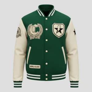 Chaqueta Deportiva Unisex Estilo Universitario, Cuerpo de Lana, Mangas de Cuero Genuino, Parches Bordados Personalizados, Fabricante OEM - Product Image 1