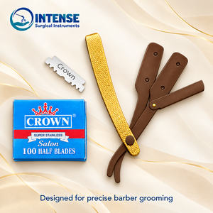 Rasoir de barbier professionnel avec manche doré et boîte de 100 demi-lames pour hommes - Product Image 1