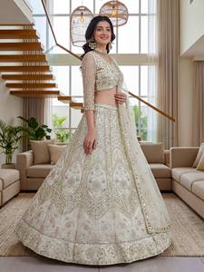 Elegant Ivory Silk Lehenga Choli With Heavy Embroidery And <b>Sequins</b> For Wedding Occasion Women Traditional Indian Pakistani Wear - Product Image 2