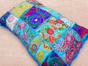 Saree <b>Patchwork</b> Cushion Cover 24×16 – Colorful Boho <b>Throw</b> Pillow Cover Handmade in India - Product Image 2