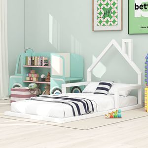 Letto singolo bianco per bambini con testiera a forma di casetta, design ispirato ai pavimenti in legno - Product Image 1