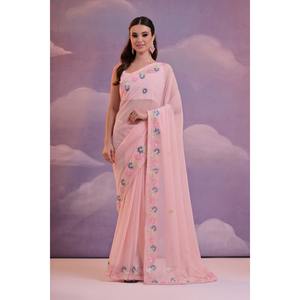 ATRACTIVE GEORGETTE SECUENCIA BORDADO TRABAJO SAREE CON BLUSA DESCOSADA BEBÉ ROSA - Product Image 1