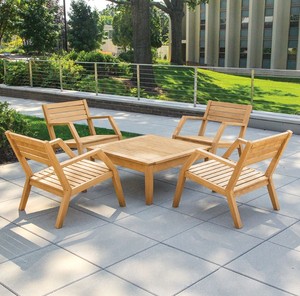 Premium Solid Teak Wood Outdoor Conversation <b>Set</b> 5 Piece Patio Slatted Chairs with Square Table - Product Image 1