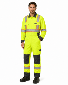 Navy Blue Lime Yellow Hi Vis Spandex <b>Waterproof</b> Industrial <b>Work</b> Coverall Heavy Duty Mechanic Overall Cargo Pockets Hidden Snap - Product Image 6