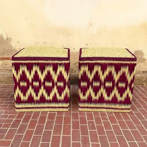 Artisan Crafted Rattan <b>Pouf</b> Green and Natural Diamond Weave Square Footstool Eco-Friendly Accent Seating for Tropical Decor - Product Image 2