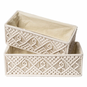 Handmade Macram <b>White</b> Cotton Rope <b>Storage</b> <b>Basket</b> Set of 2 with Multi-Purpose Decorative Shelf Organizer for Home Kitchen Bedroom - Product Image 1