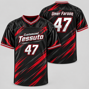 TESSUTO Maillot de football en maille à col en V pour homme, noir et rouge, imprimé numérique à effet demi-ton, personnalisable avec nom et numéro - Product Image 1