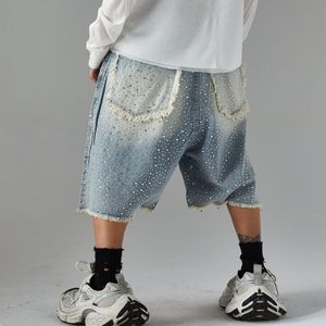 Pantalones Cortos Bermuda de Mezclilla para Hombre con Lentejuelas y Pedrería, Diseño de Puntos, Cintura Media, Cierre de Botones, Estilo Casual, Tejido de Lona - Product Image 4