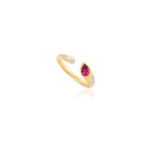 Bague massive en or massif 14 carats, style moderniste, avec rubis taille poire et diamants - Product Image 3