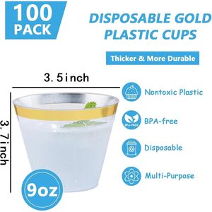 Bicchieri di Plastica Trasparenti Usa e Getta da 9OZ, 200 Pezzi, Resistenti, Senza BPA, con Bordo Dorato per Feste e Ricevimenti di Nozze - Product Image 2