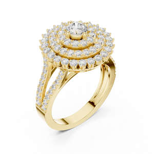 Bague en or jaune avec halo de diamants ronds, bague de fiançailles et de mariage à grappe florale, bague pavée de luxe pour femme - Product Image 1