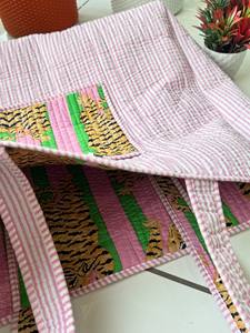 กระเป๋าโท้ทผ้าฝ้ายลายทางแบบเย็บติดกัน หูหิ้วยาว ทำมือจากอินเดีย สำหรับฤดูร้อน เหมาะสำหรับผู้หญิง สายสะพายไหล่แบบถอดได้ ใช้สำหรับเดินทาง - Product Image 4