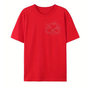 Camiseta de Algodón 100% con Pedrería para Hombre, Ajuste Holgado, Color Rojo, Nuevo Diseño, Suave, con los Mejores Detalles - Product Image 1