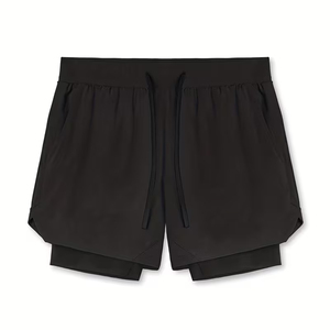 Men's Compression Short Double <b>Layer</b> Black Color Inner Pocket Running Gym Fitness Training Shorts With Airflow Support - Product Image 1