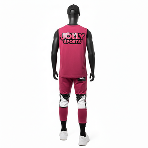 Conjunto deportivo sin mangas para hombre de 2 piezas, tela de poliéster estilo panel GSM con logotipo personalizado, camisetas sin mangas y pantalones para hombre - Product Image 2