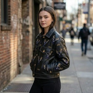 Veste en cuir à imprimé animal pour femme, coupe ample, style streetwear chic et discret, Old Money, automne - Product Image 1