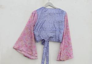 Nueva llegada seda hecha a mano verano campana manga Crop Top blusa pura seda Patchwork Crop Top para mujer - Product Image 6