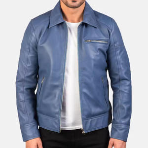 Veste en cuir véritable bleue pour homme, col rabattu, fermeture éclair, coupe ajustée, style moto, vêtement d'automne - Product Image 4