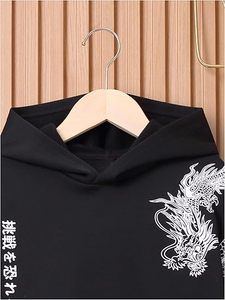 Sudadera con Capucha para Hombre con Estampado de Dragón Negro, Sudadera Holgada de Punto con Mezcla de Algodón, Ropa Casual de Otoño - Product Image 3