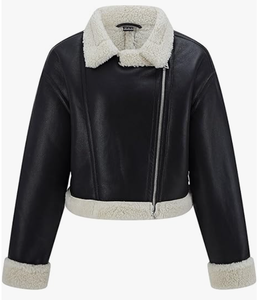 Blouson Moto Café Racer pour Femme en Cuir Véritable Respirant Doublé Sherpa Hiver Prêt-à-porter - Product Image 1