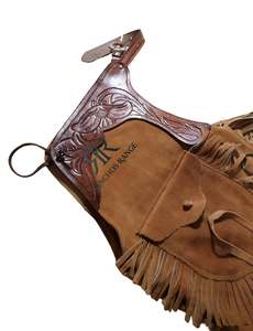 Premium Custom Brown Suede Cowhide Leather Rodeo Chaps with Hand-Tooled Floral Yoke, Matching Pocket, and Long Fringe - Product Image 2