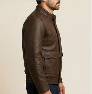 Distressed <b>Leather</b> <b>Jacket</b> <b>Man</b> Vintage Bomber Coat Cowhide Biker Style Dark <b>Brown</b> Motorcycle Functional Pockets Multi Pocket - Product Image 3