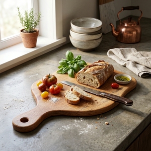 Planche à découper en bois de teck naturel à bords bruts, bloc de découpe en bois organique, plateau de service pour charcuterie, avec poignée de suspension - Product Image 5