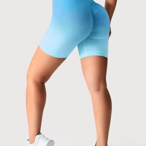 Shorts de sport bleu dégradé ombré, taille haute, effet scrunch, sans coutures, pour femmes, pour la course et l'entraînement - Product Image 2