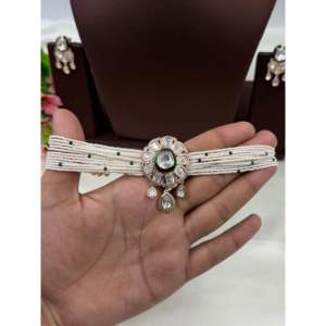 Indian Ethnic Priya Moissanite Gold Plated Choker Necklace Set - Product Image 3