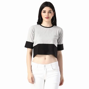 T-shirt court pour femme, à blocs de couleur, col rond, manches courtes, tricoté, style décontracté, printemps été, blanc noir - Product Image 5