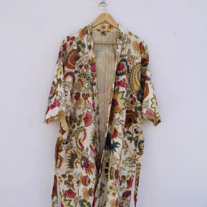 Bata Kimono con Estampado de Dibujos Animados para Mujer, 100% Algodón, Suave y Transpirable, Camisón de Verano Hecho a Mano, Cuello en V, Cintura Elástica, Largo Completo/Hasta la Rodilla - Product Image 3