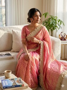 Sari en soie douce avec bordure en dentelle fantaisie, pallu décoratif, chemisier assorti en dentelle, tenue ethnique légère pour soirée - Product Image 3