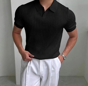 Men's Black <b>Waffle</b> Fabric Knitted for <b>Shirt</b> Short Sleeve Solid Color Smart Casual Breathable Turn Collar Regular Fit Back Neck - Product Image 4