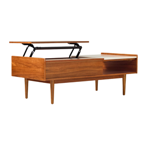 Mesa de Centro de Teca Sólida de Primera Calidad, Estilo Moderno de Mediados de Siglo, con Tapa Elevable, Almacenamiento Oculto y Superficie con Detalles de Mármol - Product Image 3