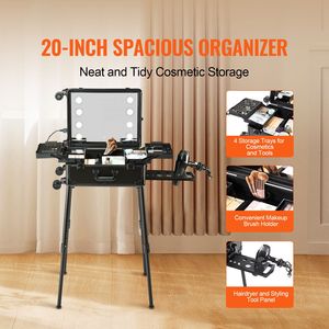 Valigia Professionale per Trucco da Viaggio con Specchio Illuminato, 4 Vassoi Portaoggetti, Porta Pennelli, Ruote Girevoli, Chiusura di Sicurezza e Maniglia - Product Image 2