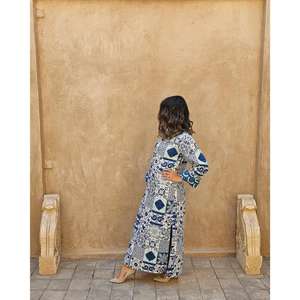 Robe longue maxi pour femme, bleue, imprimé patchwork, manches longues, style modeste, Kaftan Abaya ample, ethnique, bohème, vente en gros - Product Image 3