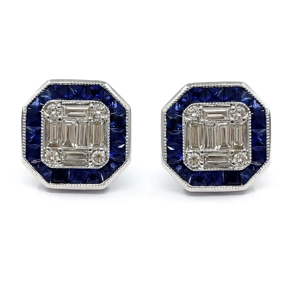 Art Deco Square Octagon Vintage Antique 18k White Gold Baguette Cluster Diamond Jewelry Princess Blue Sapphire Studs Earrings