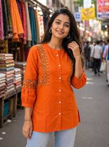 Tunique en coton brodée orange pour femme, coupe régulière, longueur genou, style ethnique, décontractée, pour festivals indiens, Kurti recyclée - Product Image 3