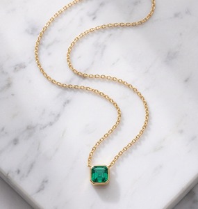 14K Gold Emerald Green Diamond Pendant Necklace Tiny Square Women Daily Wear Jewelry - Product Image 1