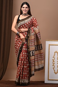 Sari de Seda Maheshwari Premium con Borde Dorado Zari y Estampado a Mano, Prenda Étnica Tradicional India - Product Image 3