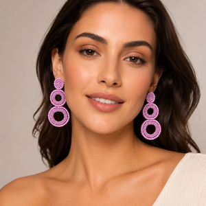 SSTRINGZ ER041 Pendientes Colgantes Circulares Rosados con Cuentas para Mujer, Hechos a Mano con Cuentas de Semilla, Diseño Doble Redondo, Joyería de Moda al por Mayor - Product Image 3
