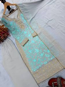 Women Traditional Salwar Kameez Light Blue Gold Embroidery Floor Length Silk Wedding Wear India Pakistan Ethnic <b>Dress</b> - Product Image 4