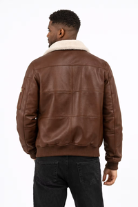 Chaqueta Bomber de Cuero Marrón para Hombre con Cuello de Piel Sintética, Cierre de Cremallera, Puños Acanalados, Bolsillo Utilitario en el Manga y Estilo Aviador Clásico - Product Image 5