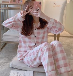 Ensemble de pyjama à manches longues à carreaux pour femmes, 100% coton, boutonné sur le devant, vêtements de nuit décontractés, deux pièces, longueur complète, col rabattu - Product Image 1