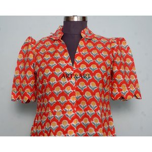 Robe midi pour femme en coton indien imprimé à la main, col en V, manches courtes, coupe trapèze, idéale pour les fêtes, les vacances d'été à la plage - Product Image 2