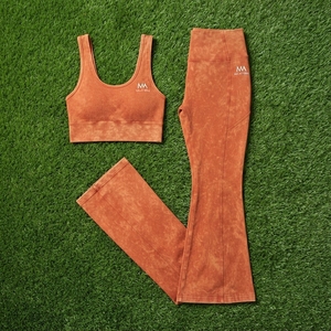 Women Rust Orange Ribbed Yoga Set Crop Top High Waist <b>Flare</b> <b>Leggings</b> Gym Fitness Workout Activewear - Product Image 5