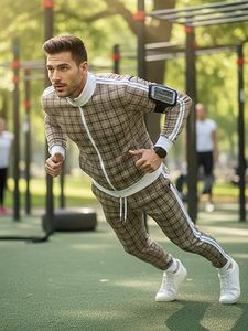 2 pièces - Sweat à capuche classique à carreaux pour homme - Automne - Hip Hop - Brodé - Pour la salle de sport, l'entraînement, la course à pied - Zip intégral - 100% coton - Product Image 4