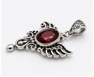Red Garnet Silver Pendant, Sterling Silver Wing Pendant, Garnet <b>Necklace</b>, Gothic Angel Pendant, Red Gemstone - Product Image 3